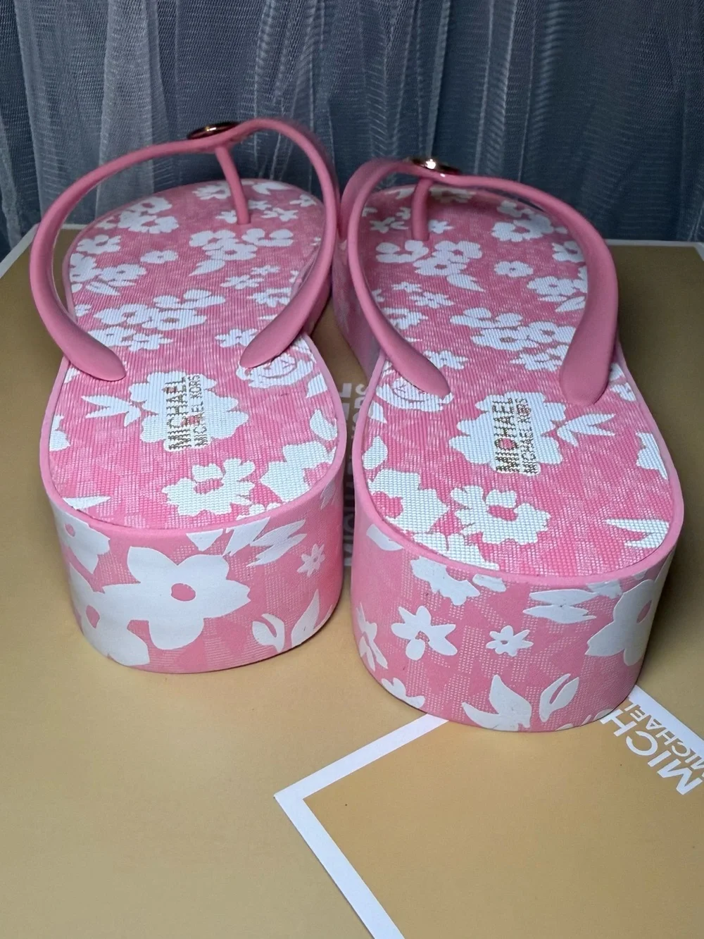 Michael Kors Pink Floral Platform Flip Flop Sandals